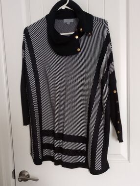 Joseph A Black & White Striped Cowl Neck Sweater with Gold Buttons